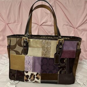 Coach Multicolor Patchwork Tote in Purple, Brown and Tan